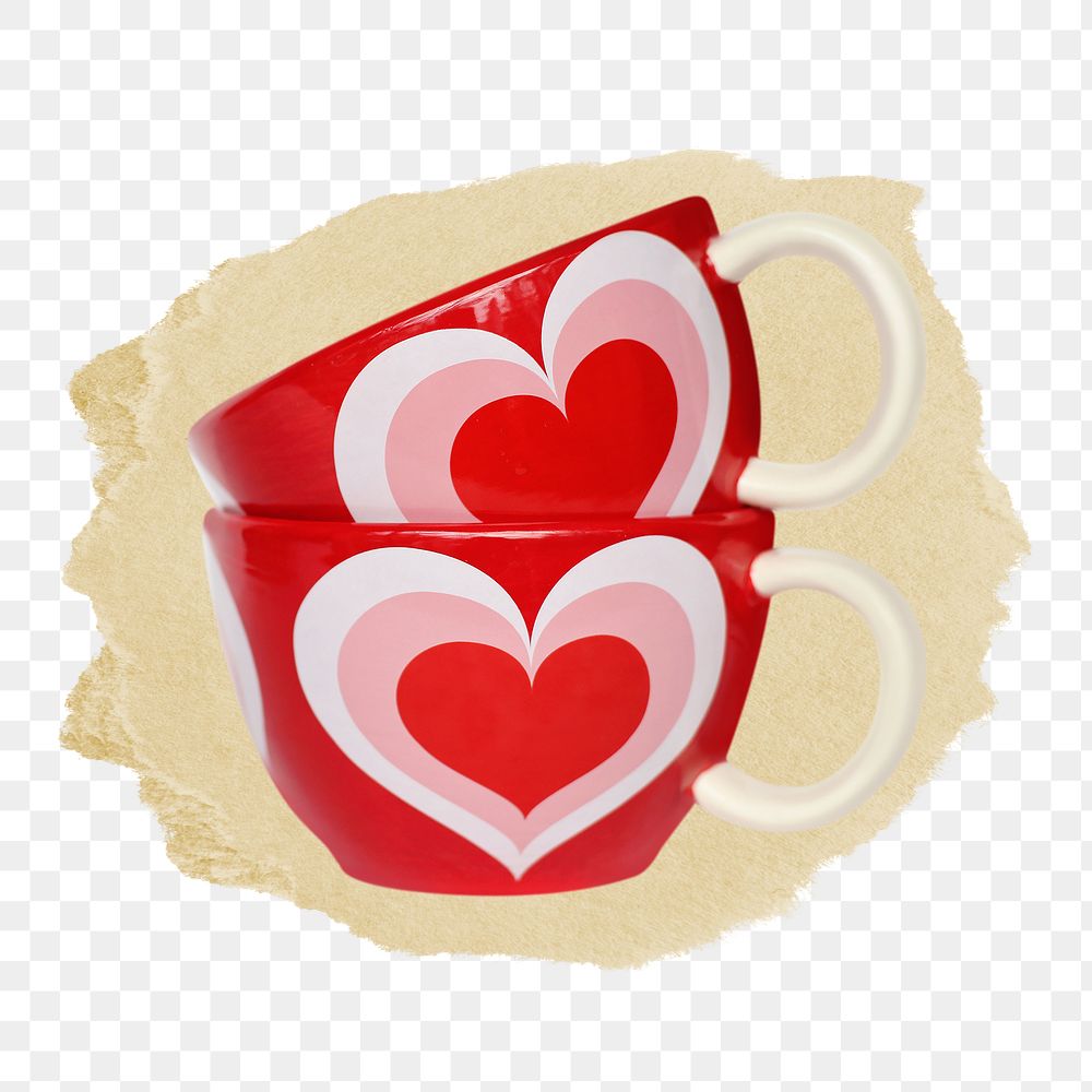 Heart ceramic mugs png ripped paper sticker, utensil graphic, transparent background