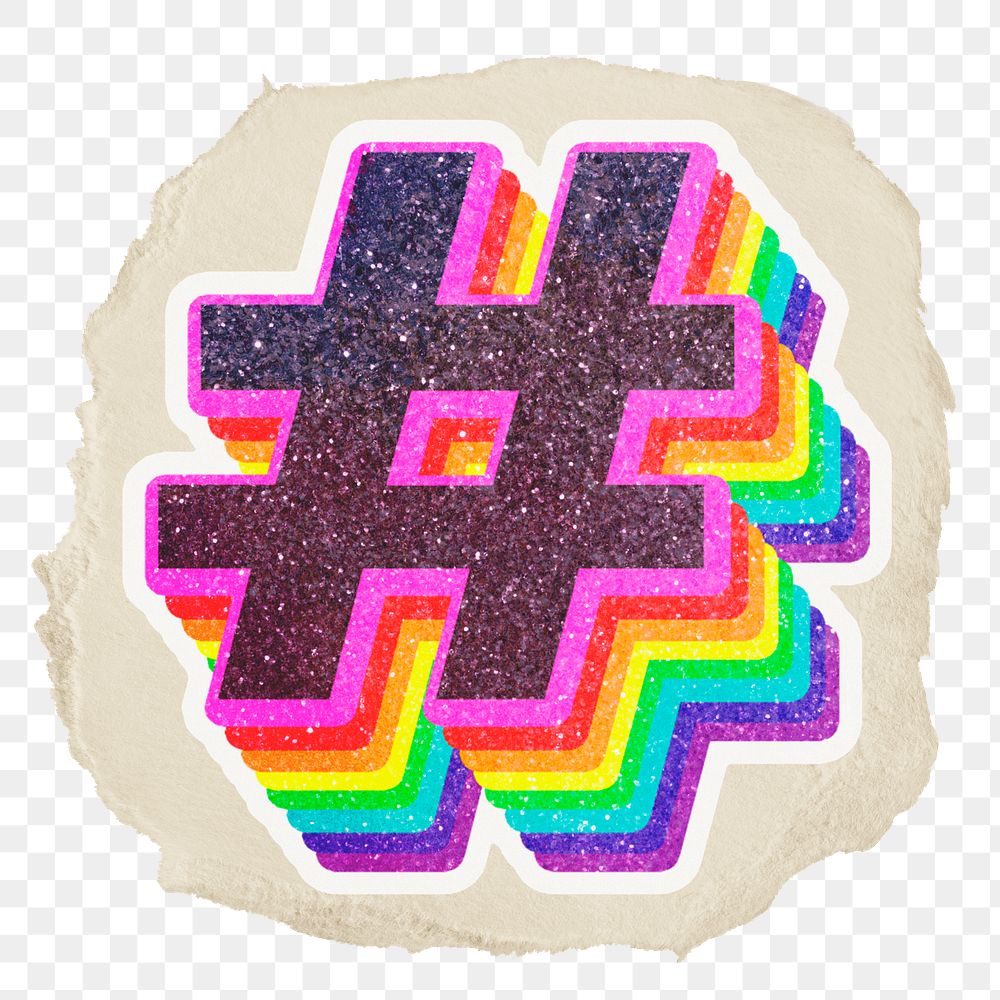 Rainbow hashtag png sticker, ripped paper, transparent background