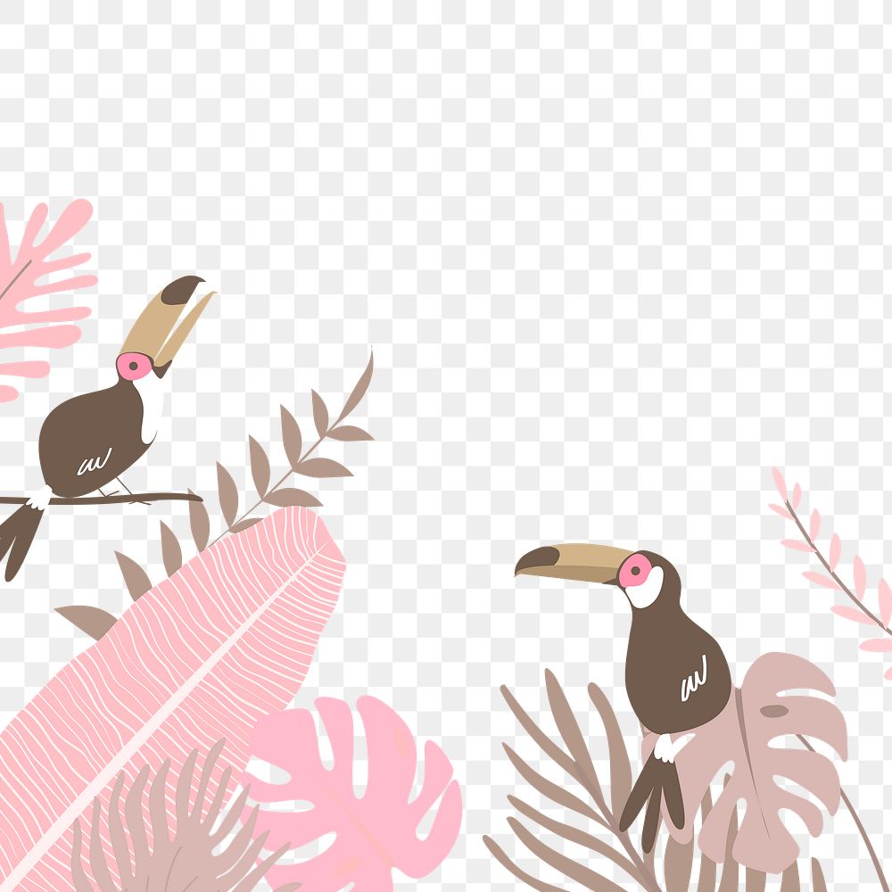 Pink botanical border png, pink tropical leaves toucan birds graphic element on transparent background