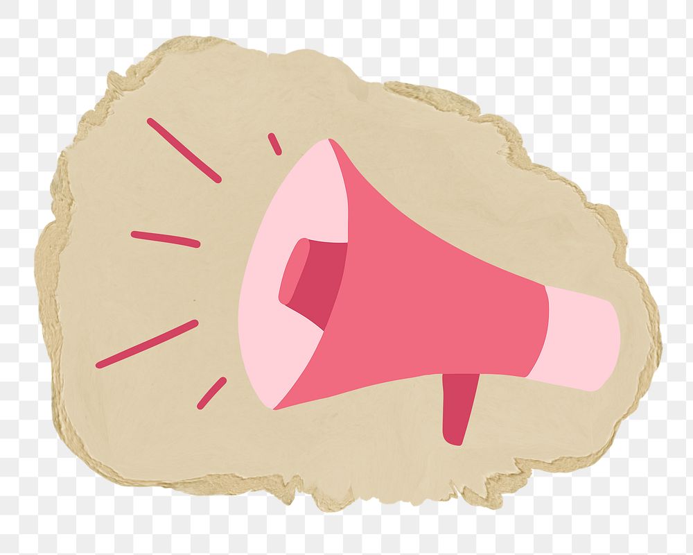 Pink megaphone illustration png sticker, ripped paper, transparent background