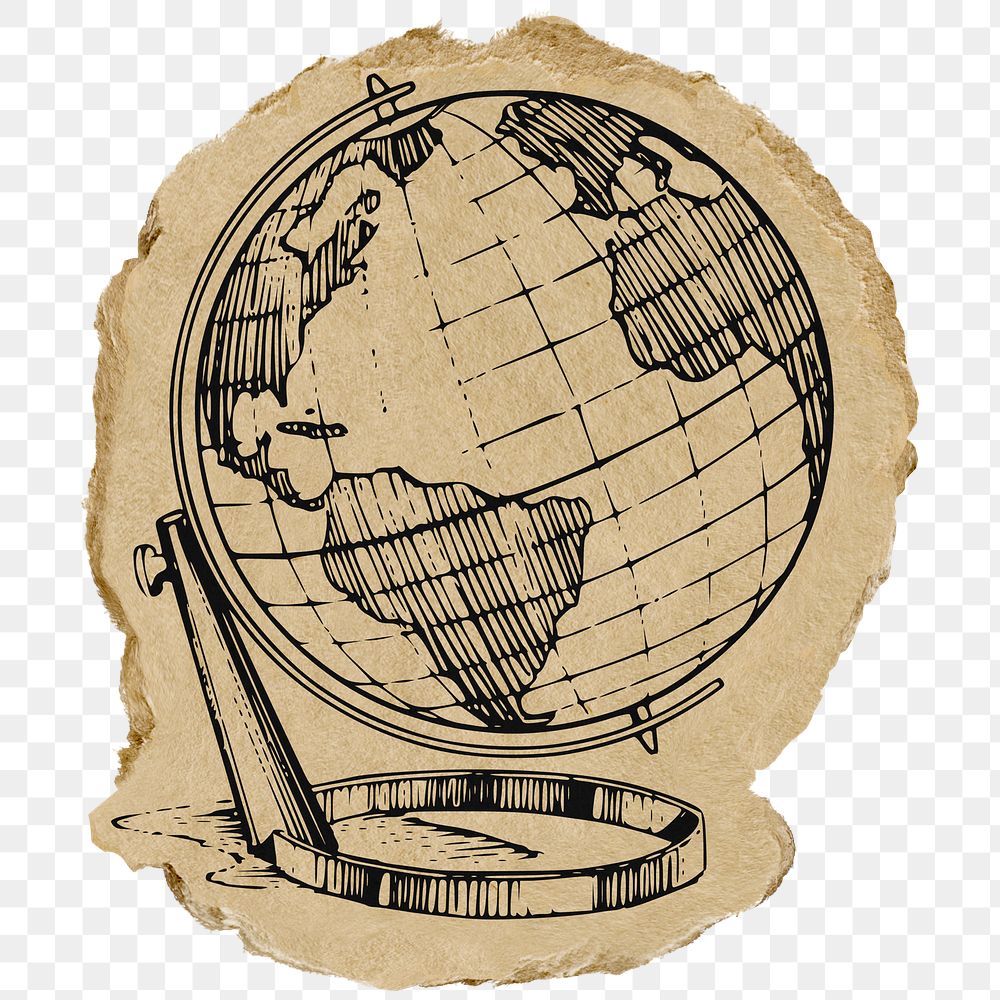 Globe illustration png sticker, ripped paper, transparent background