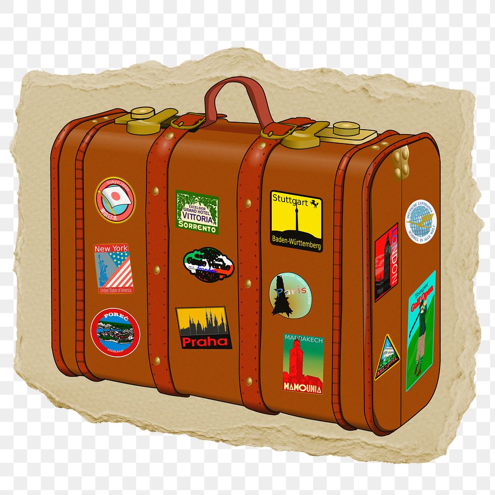 Travel luggage png sticker, ripped paper, transparent background