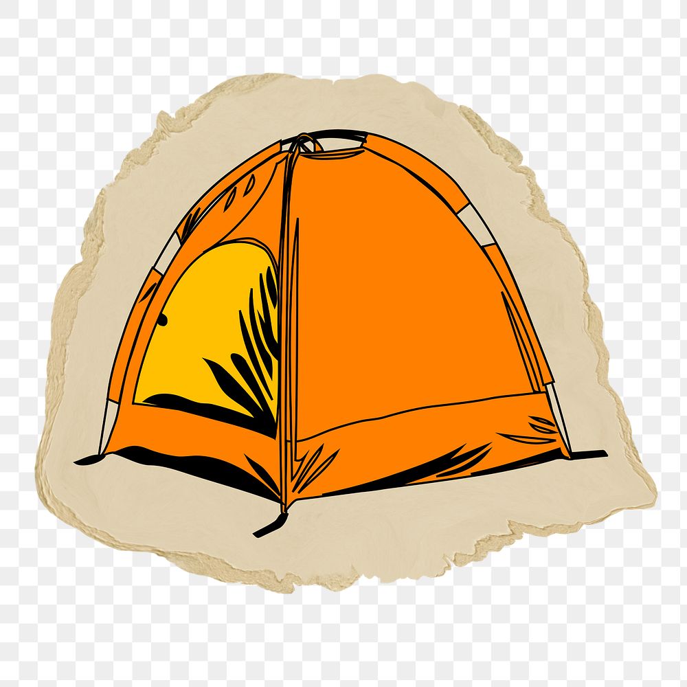 Camping tent png sticker, ripped paper, transparent background