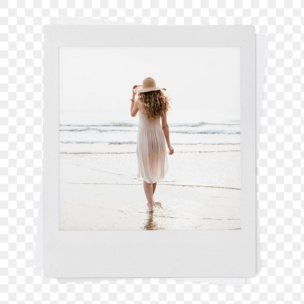 Summer vacation aesthetic png instant photo sticker, woman walking on the beach, transparent background
