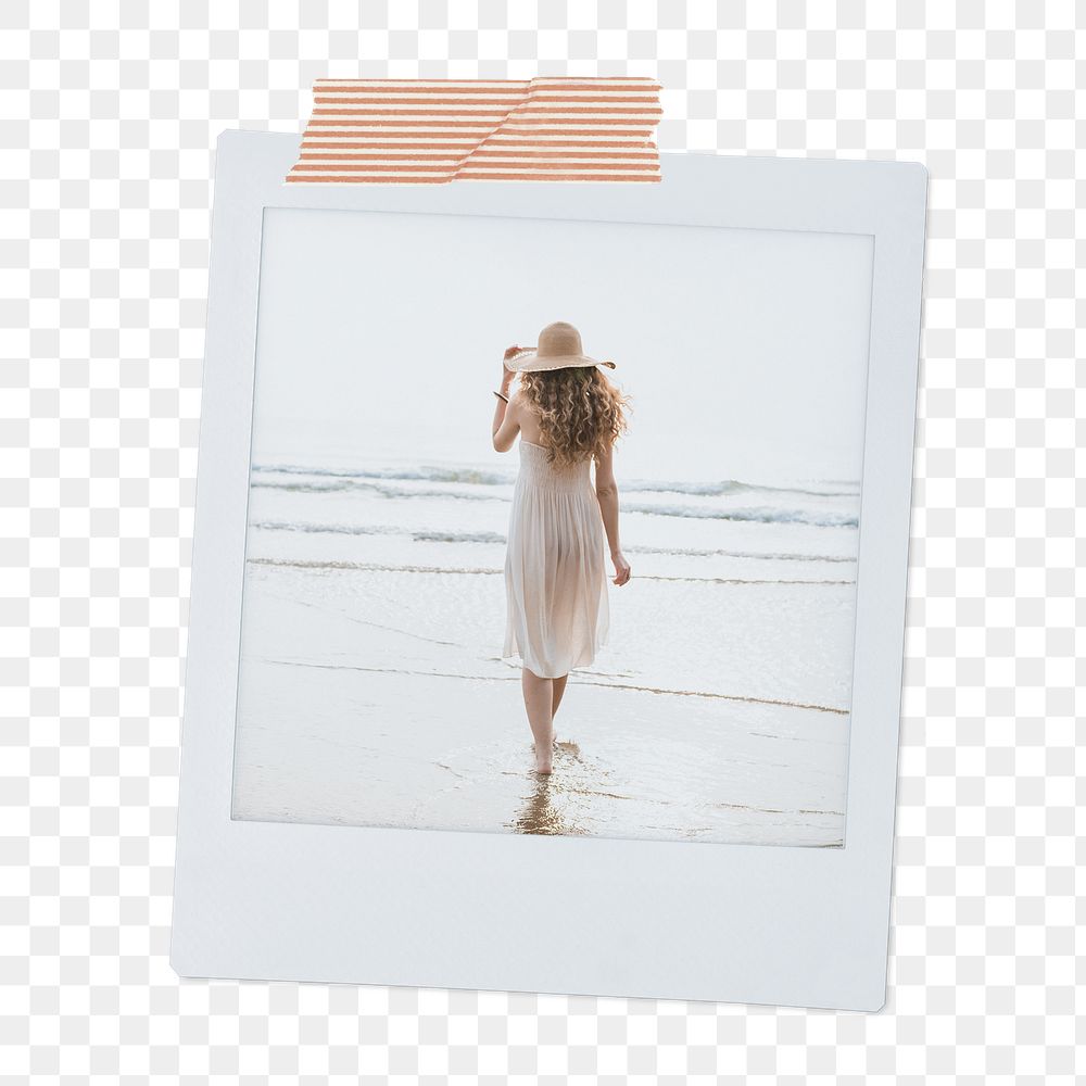 Summer vacation aesthetic png instant photo sticker, woman walking on the beach, transparent background