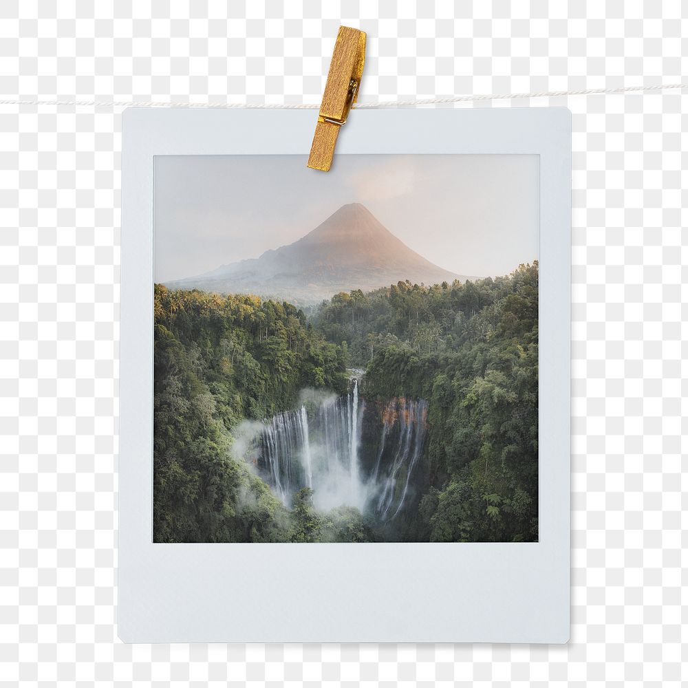 Waterfall mountain png instant photo sticker, nature aesthetic image on transparent background
