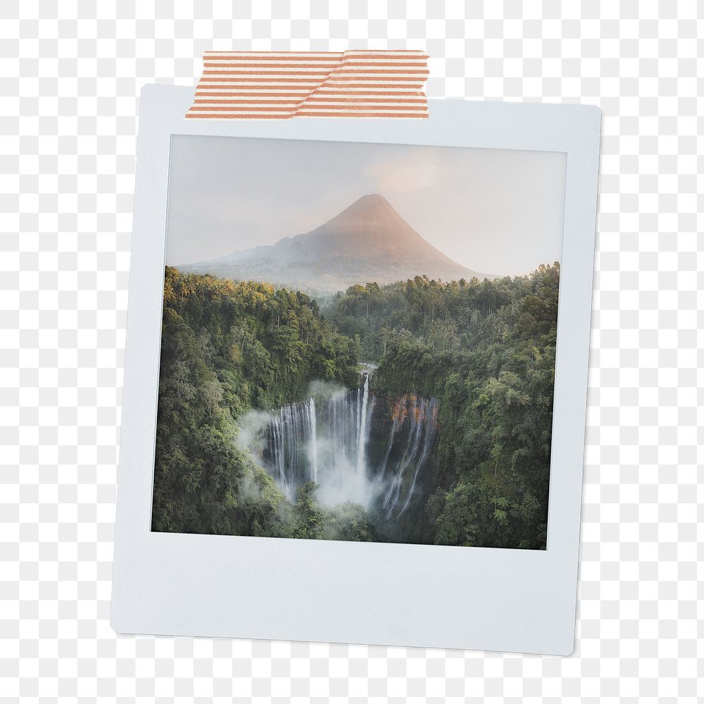 Waterfall mountain png instant photo sticker, nature aesthetic image on transparent background