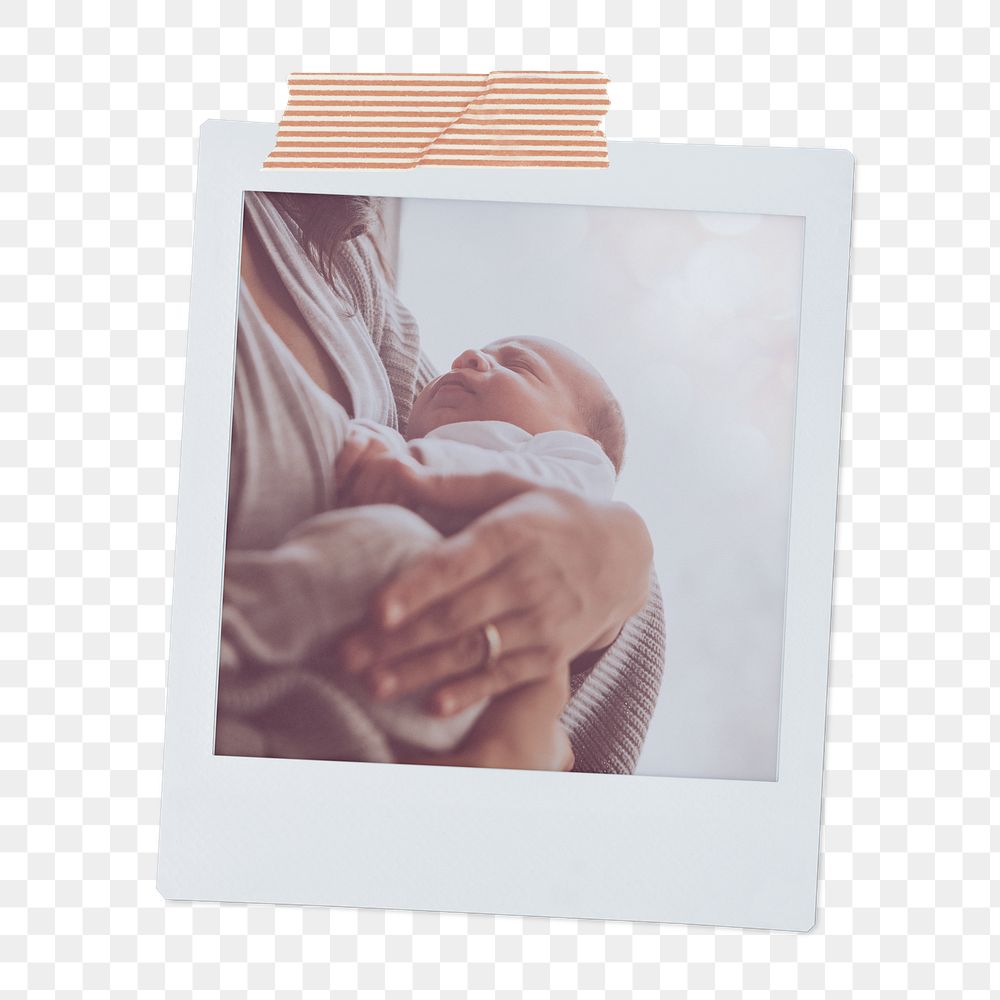 Mother png holding newborn baby instant photo, transparent background