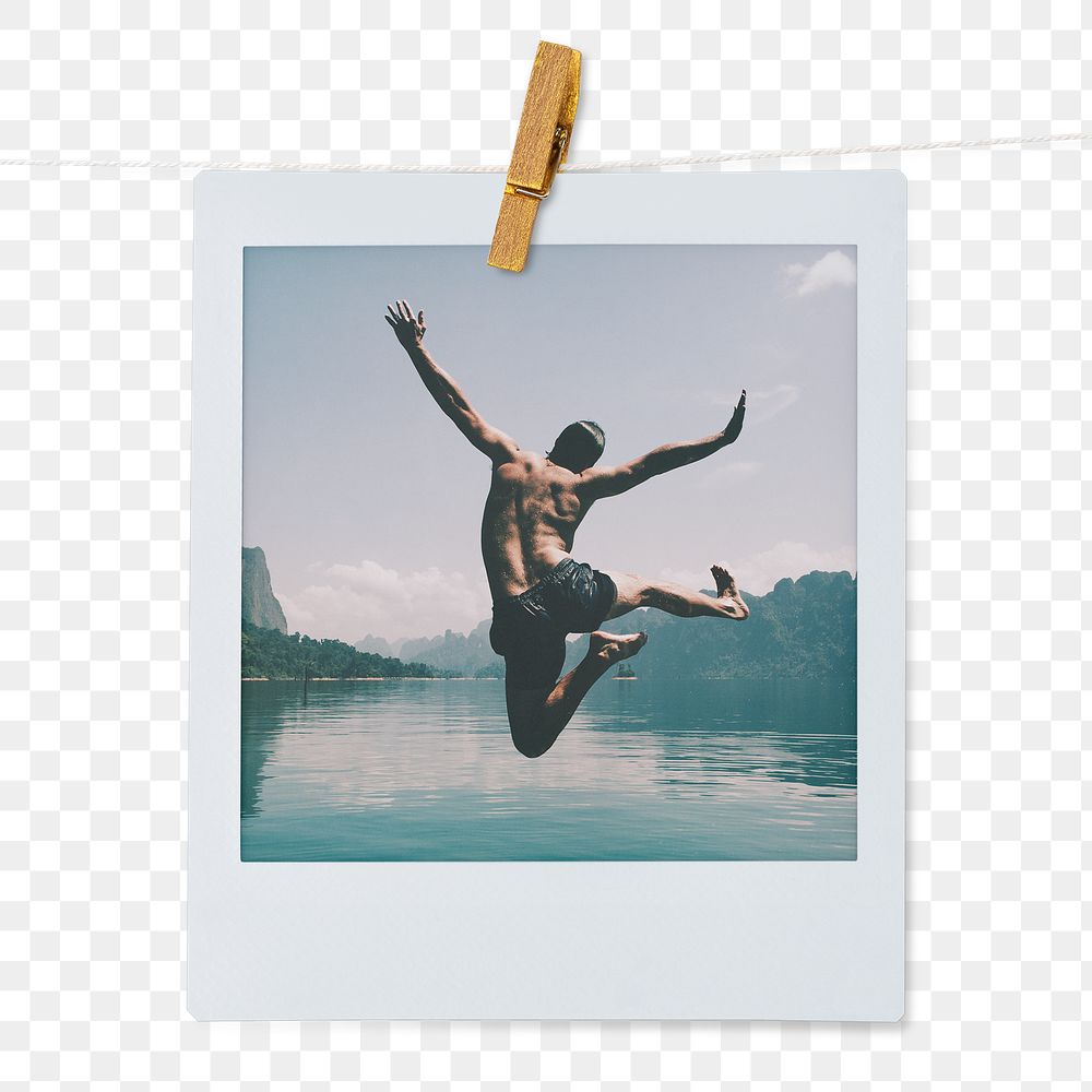 Carefree man png sticker, jumping by the lake, travel instant photo, transparent background