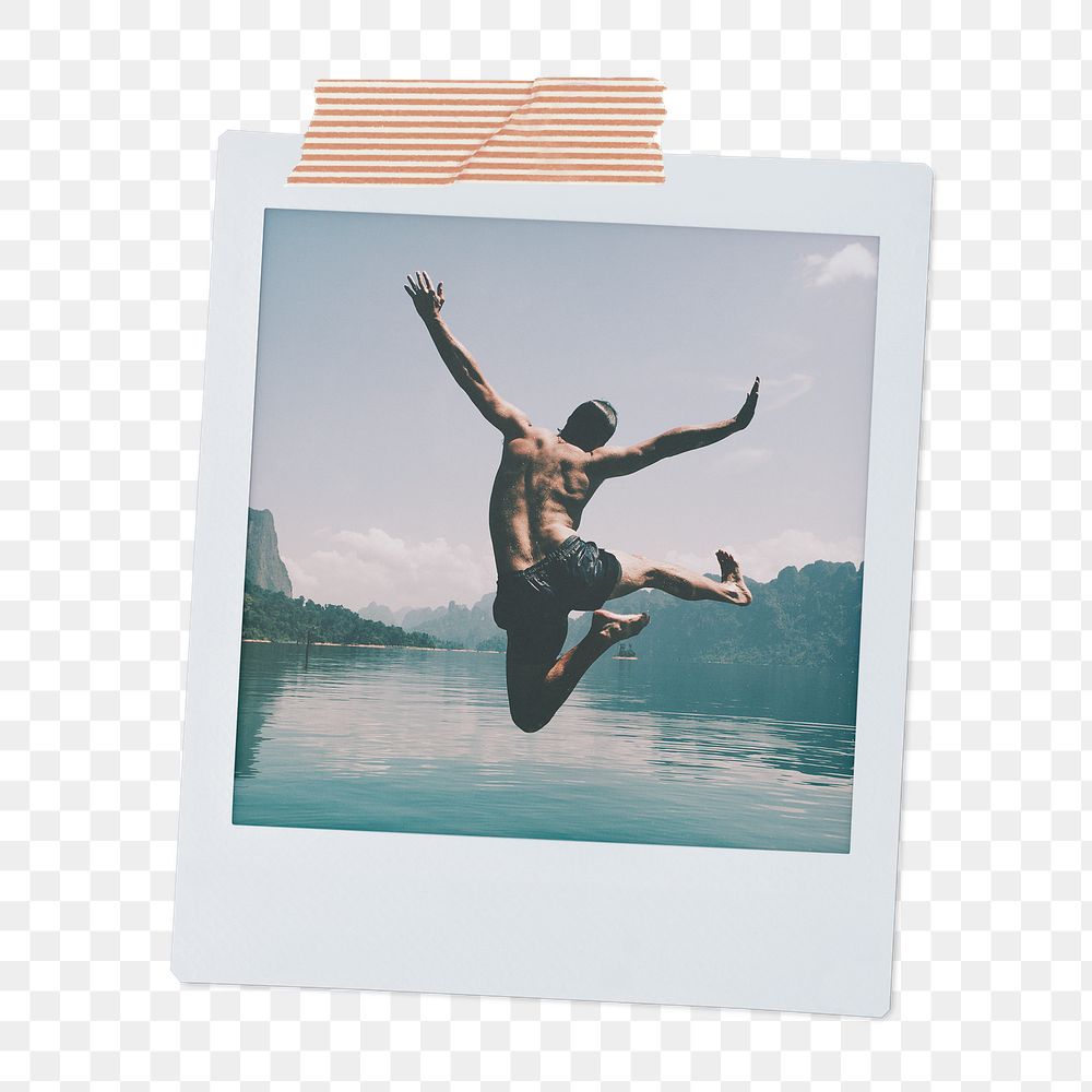 Carefree man png sticker, jumping by the lake, travel instant photo, transparent background
