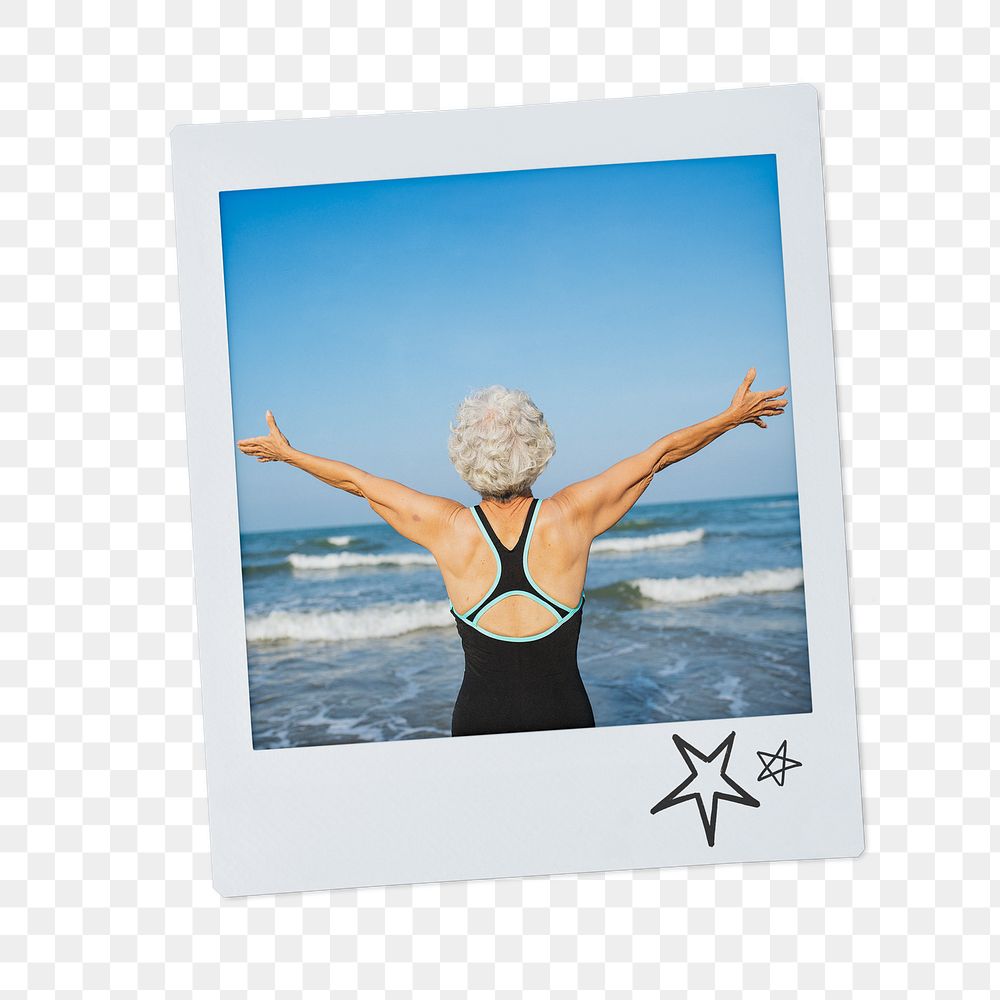 Carefree senior woman png sticker, Summer travel instant photo, transparent background