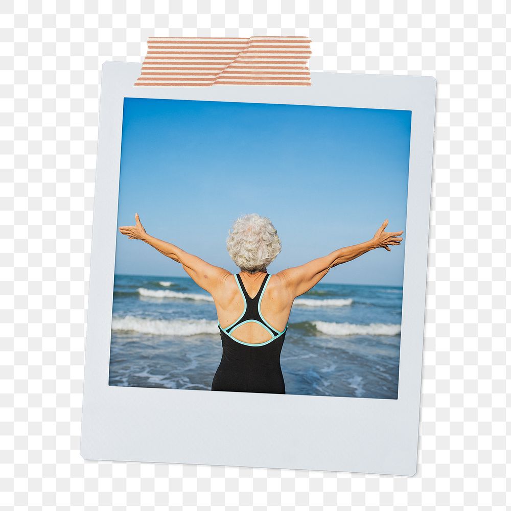 Carefree senior woman png sticker, Summer travel instant photo, transparent background