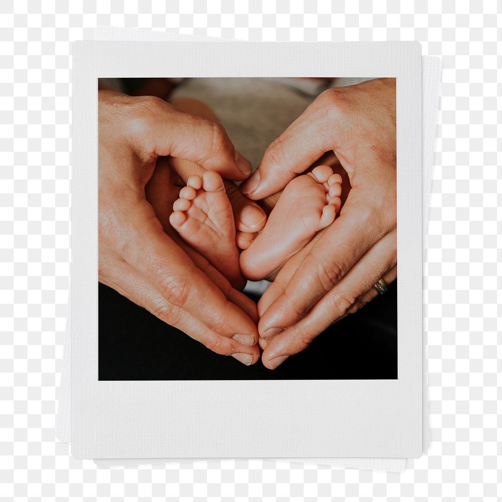 Baby feet png mother's hands sticker, heart shape, instant photo 