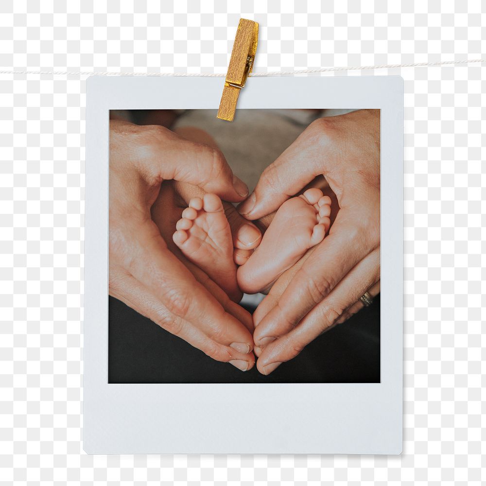 Baby feet png mother's hands sticker, heart shape, instant photo 