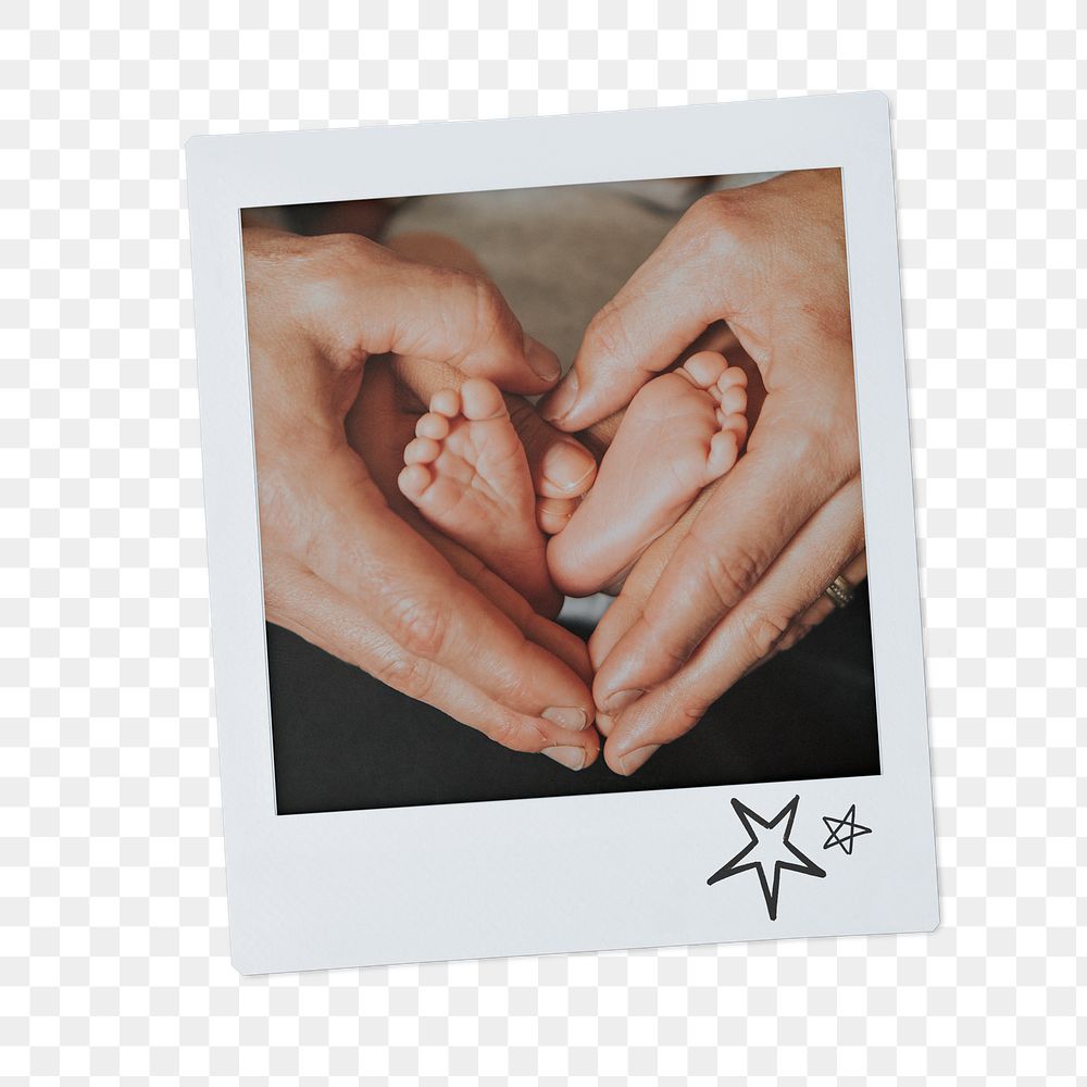 Baby feet png mother's hands sticker, heart shape, instant photo 