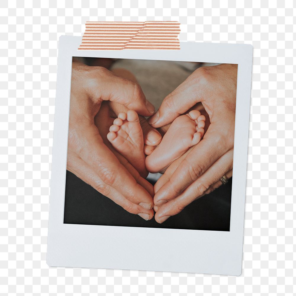 Baby feet png mother's hands sticker, heart shape, instant photo 