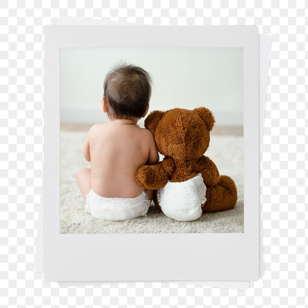 Baby png teddy bear  sticker, instant photo, friendship image on transparent background