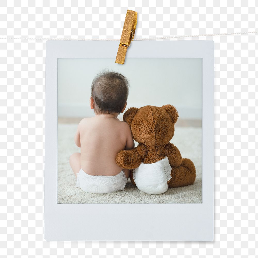 Baby png teddy bear  sticker, instant photo, friendship image on transparent background
