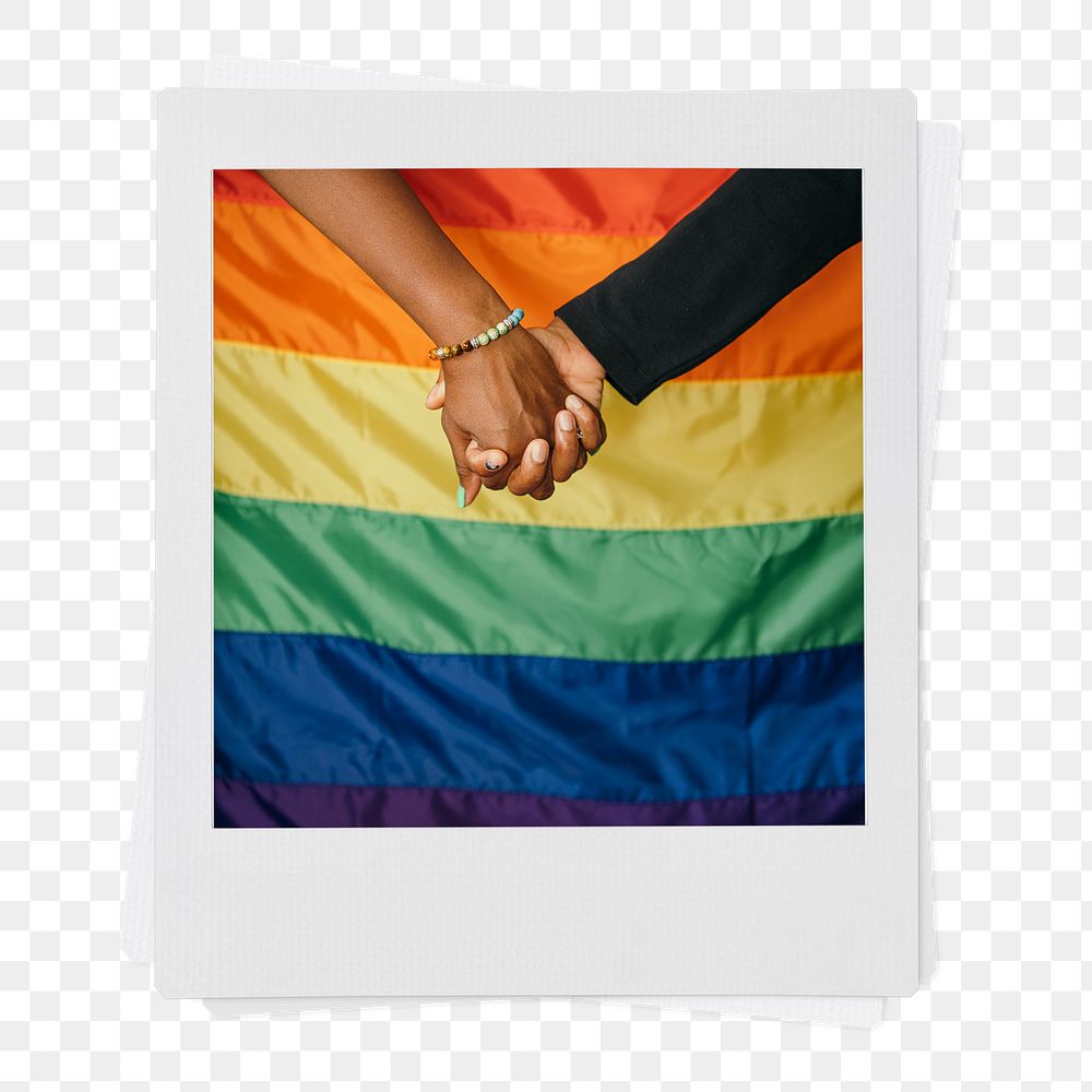 Gay couple png sticker, holding hands instant photo, pride flag image, transparent background