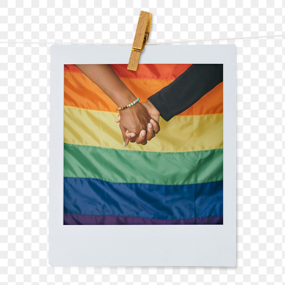 Gay couple png sticker, holding hands instant photo, pride flag image, transparent background