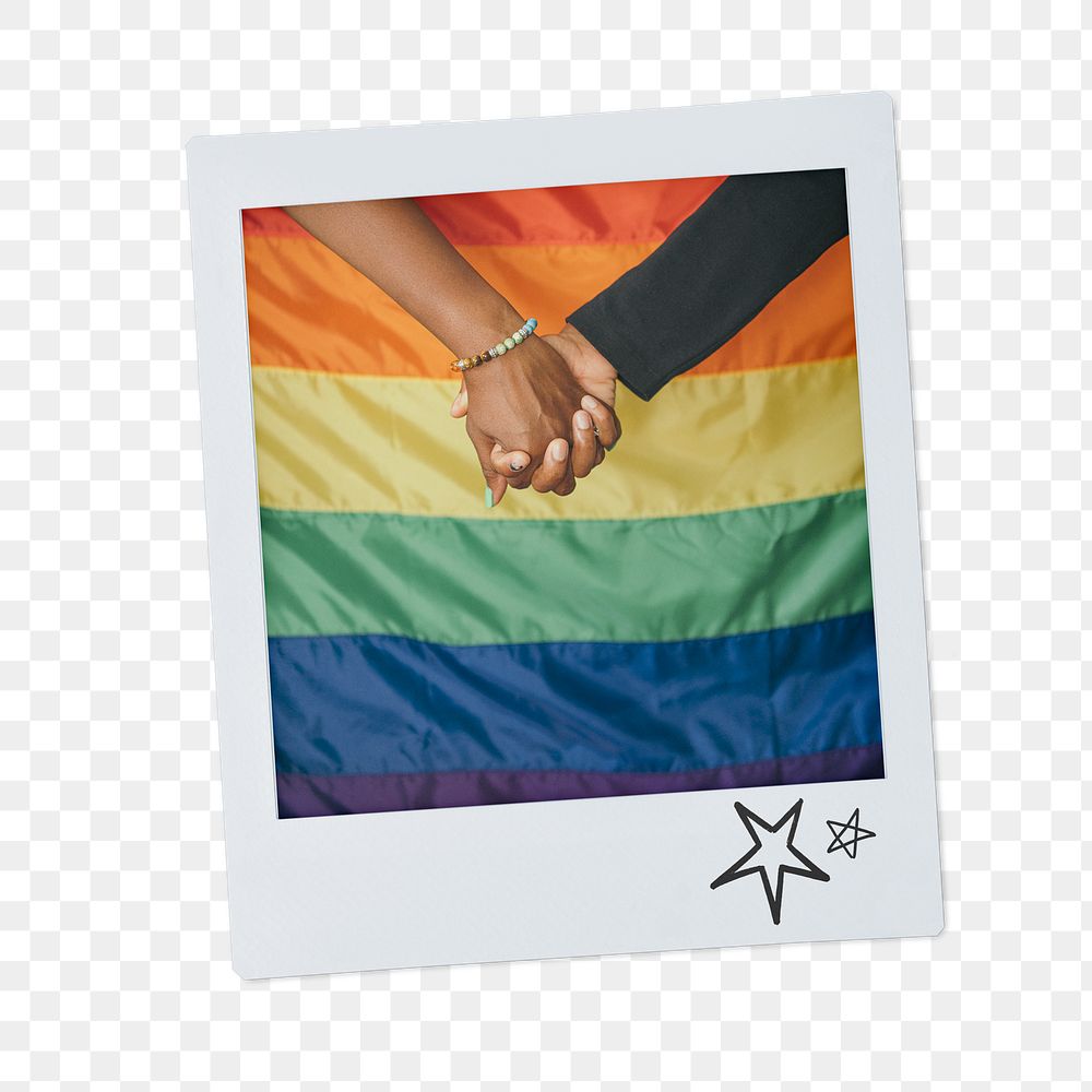 Gay couple png sticker, holding hands instant photo, pride flag image, transparent background