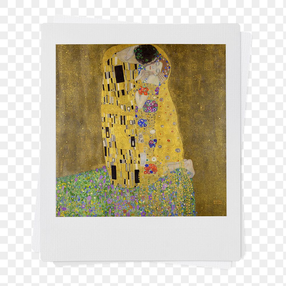 Gustav Klimt's png The Kiss instant photo, transparent background, remixed by rawpixel