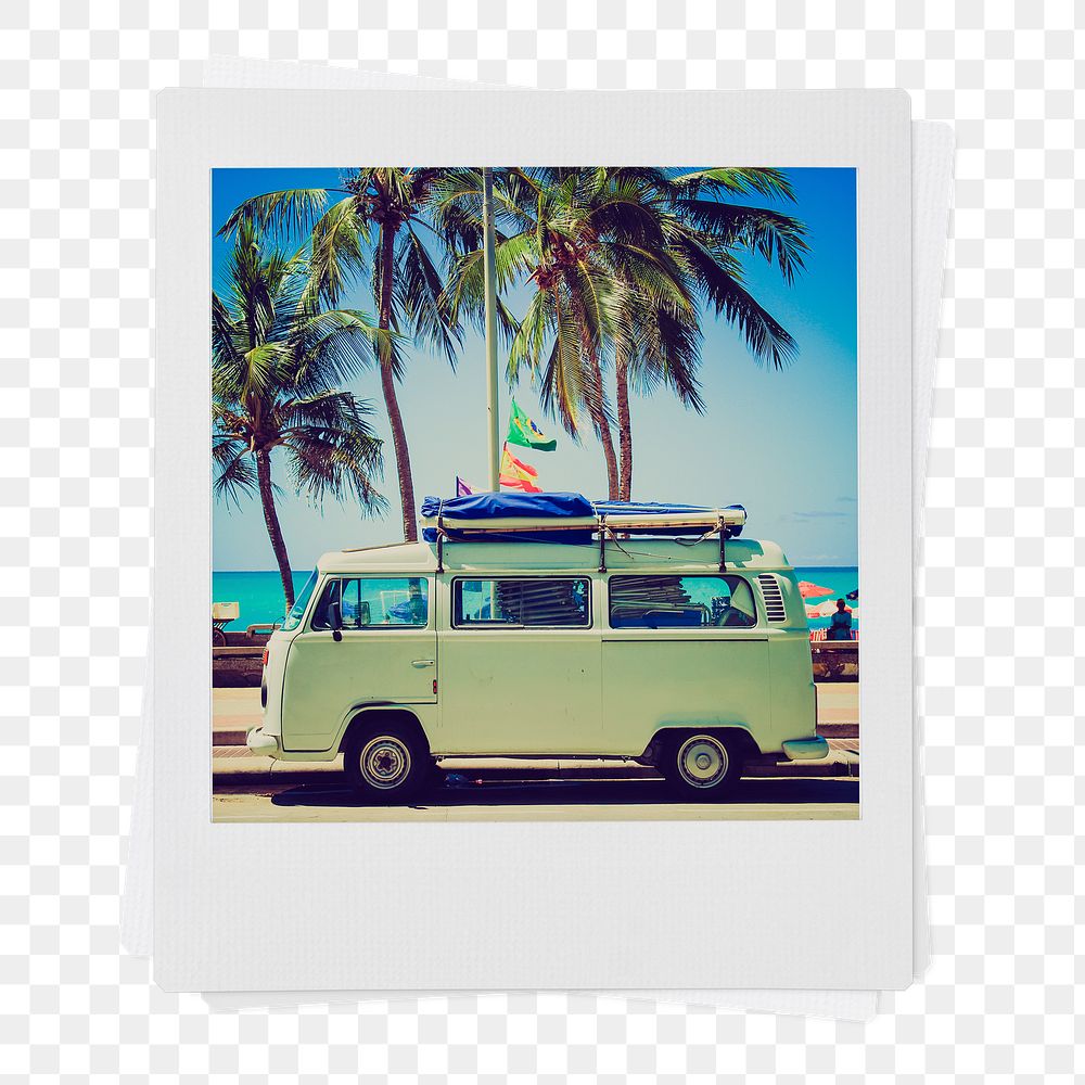 Summer road trip png sticker, travel minivan aesthetic instant photo on transparent background