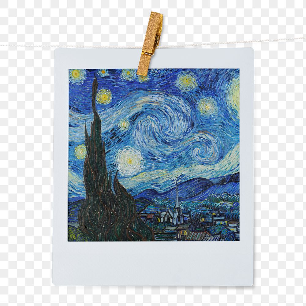 Png Vincent Van Gogh's The Starry Night instant photo, transparent background, remixed by rawpixel
