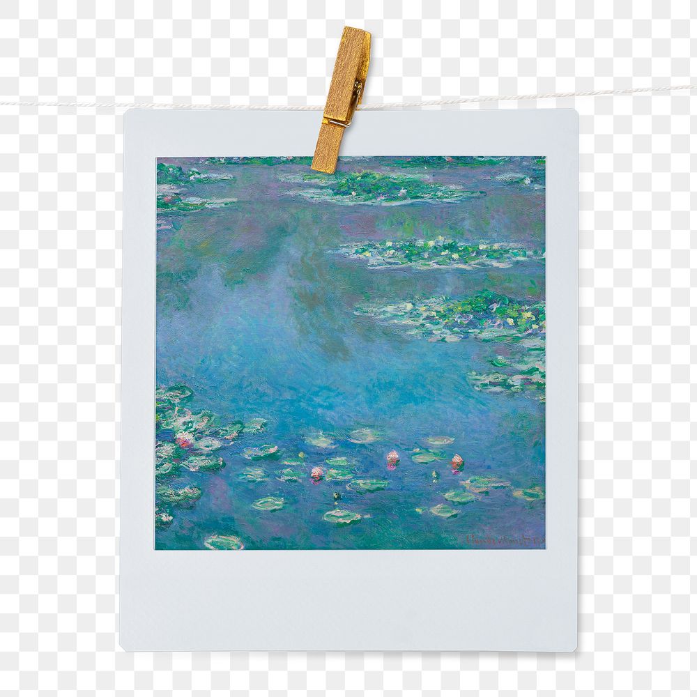 Claude Monet's png Water Lilies, famous painting on instant photo, transparent background, remixed by rawpixel