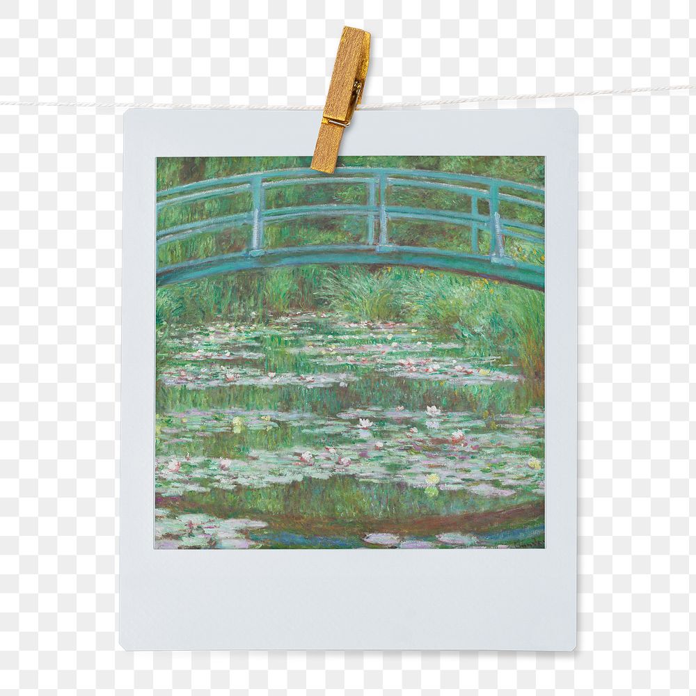 Claude Monet's png The Japanese Footbridge, famous painting on instant photo, transparent background remixed by rawpixel