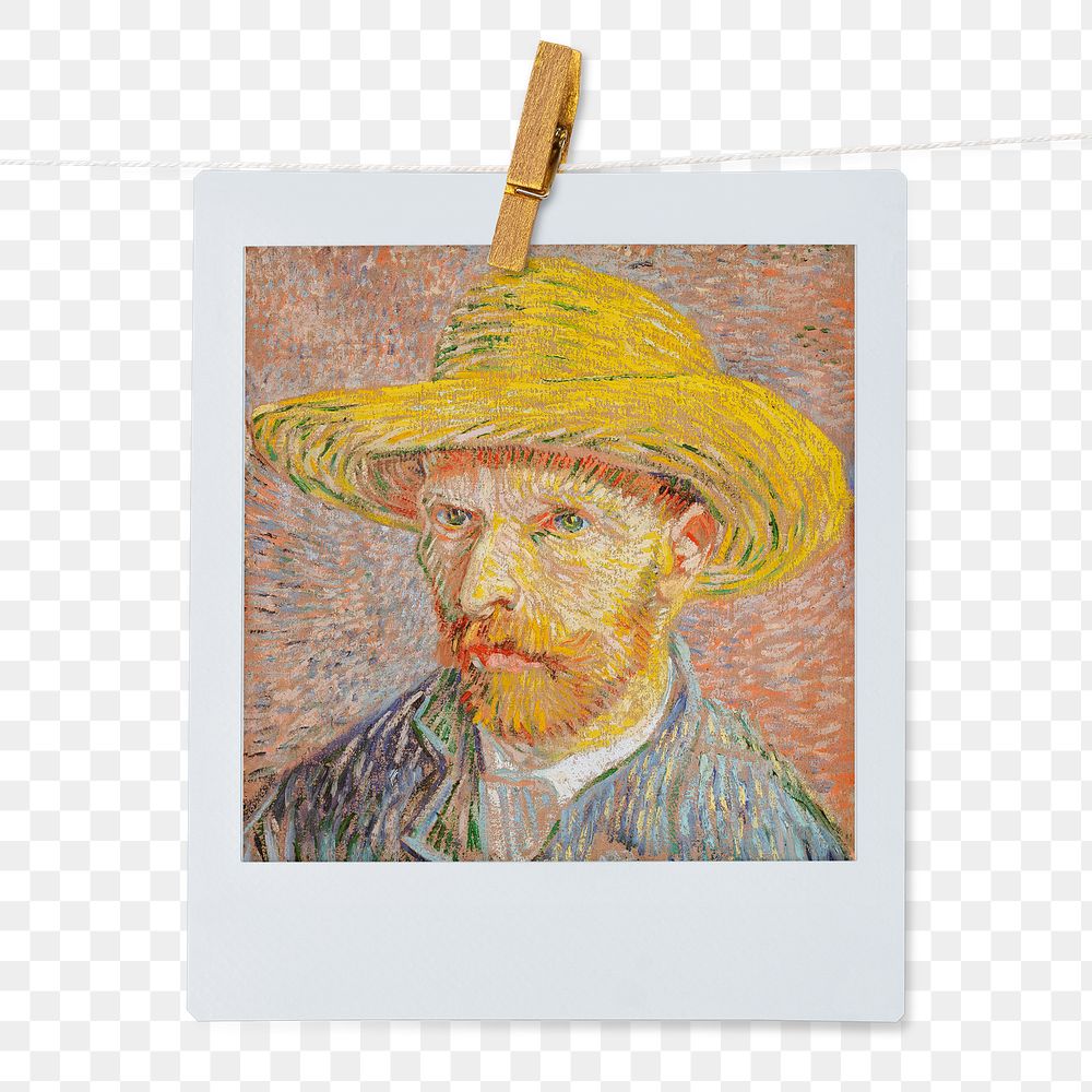 Png Vincent Van Gogh's Self-Portrait with a Straw Hat instant photo, transparent background, remixed by rawpixel