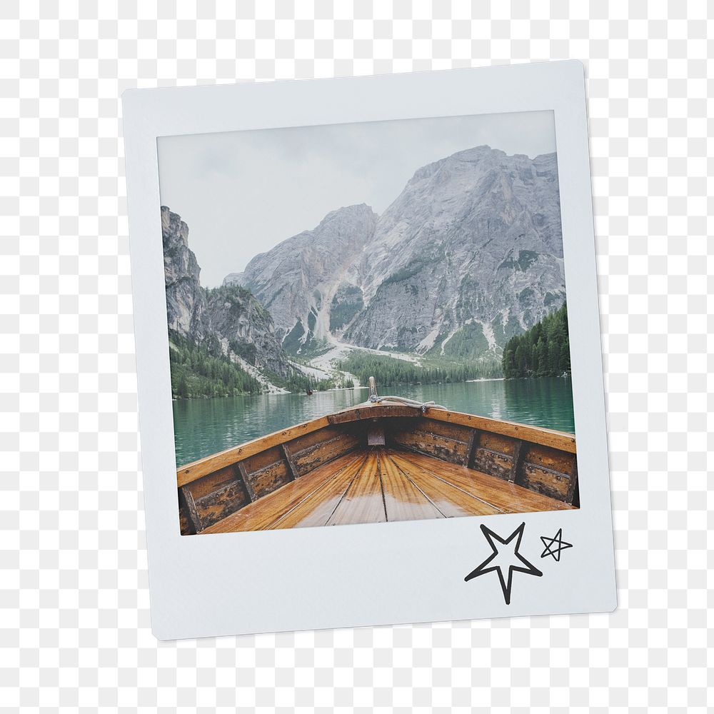 Scenic png mountain lake, wooden boat on the lake instant photo, transparent background