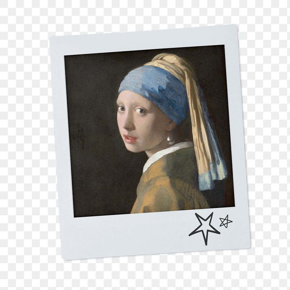 Johannes Vermeer’s png Girl with a Pearl Earring instant photo, transparent background, remixed by rawpixel