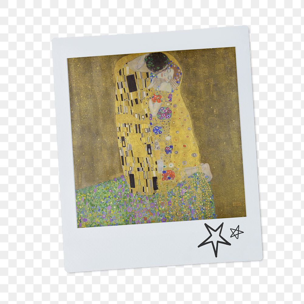 Gustav Klimt's png The Kiss instant photo, transparent background, remixed by rawpixel