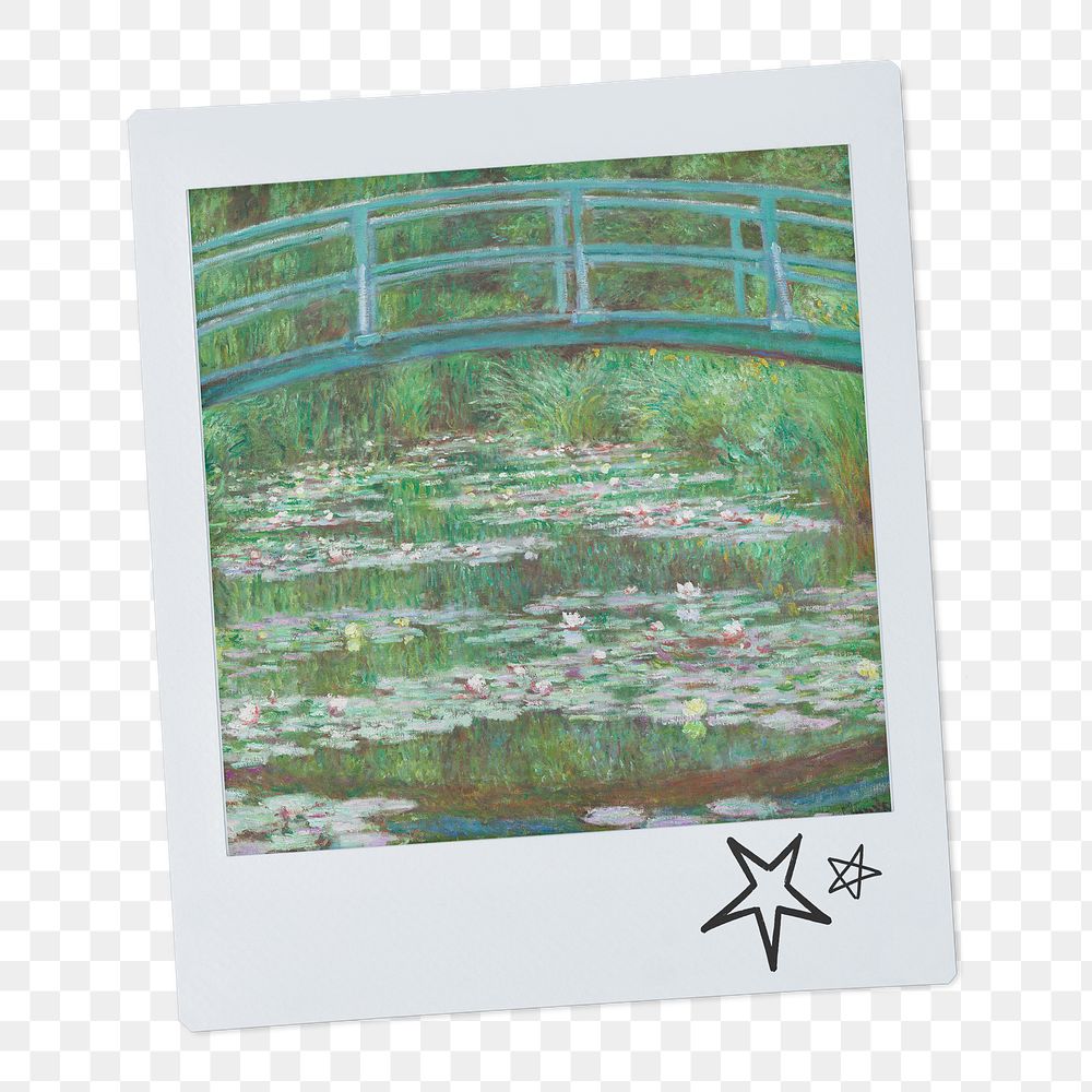 Claude Monet's png The Japanese Footbridge, famous painting on instant photo, transparent background remixed by rawpixel