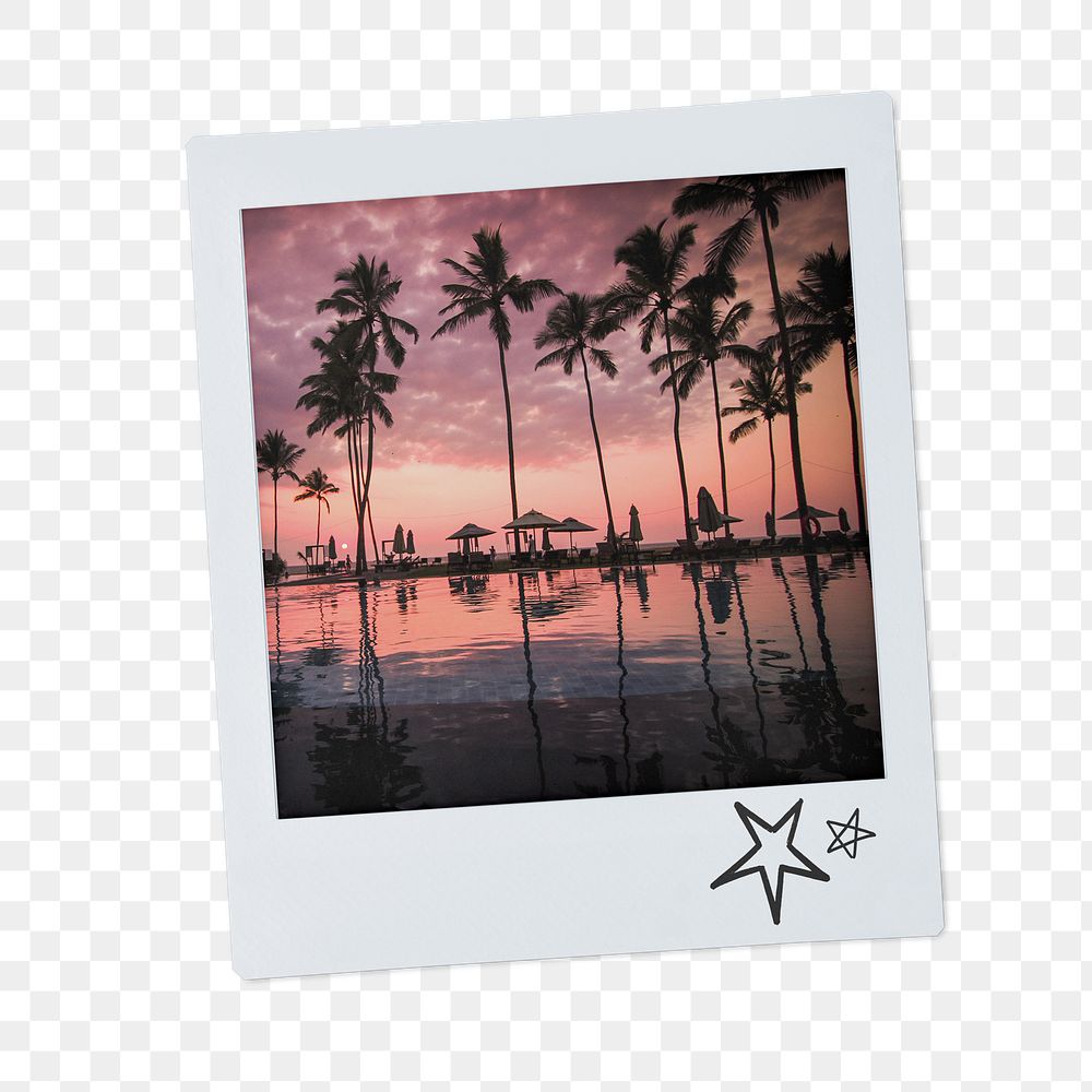 Summer sunset png sticker, palm trees aesthetic instant photo film on transparent background