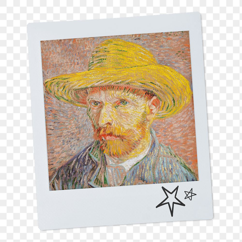 Png Vincent Van Gogh's Self-Portrait with a Straw Hat instant photo, transparent background, remixed by rawpixel
