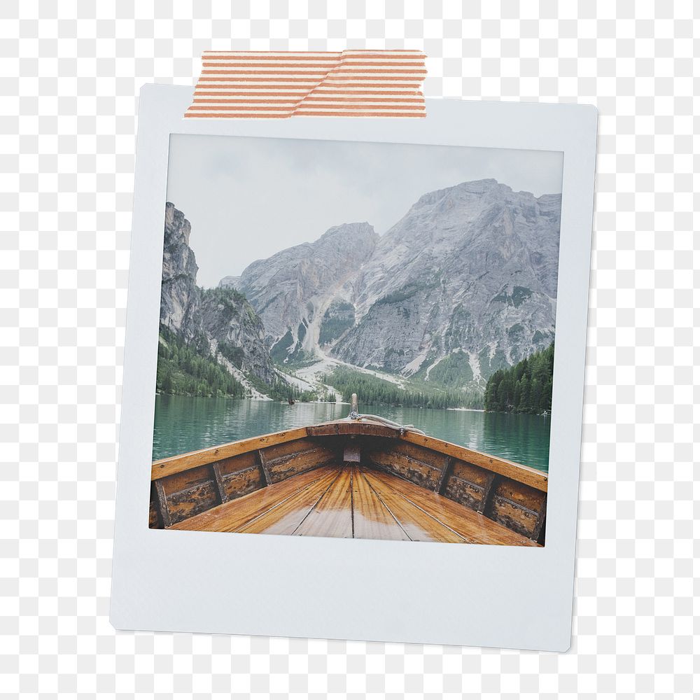 Scenic png mountain lake, wooden boat on the lake instant photo, transparent background