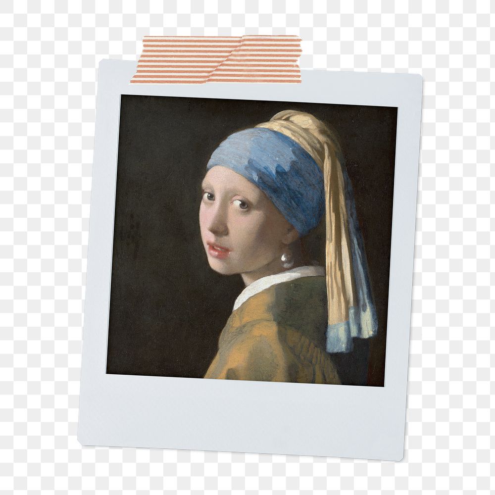 Johannes Vermeer’s png Girl with a Pearl Earring instant photo, transparent background, remixed by rawpixel