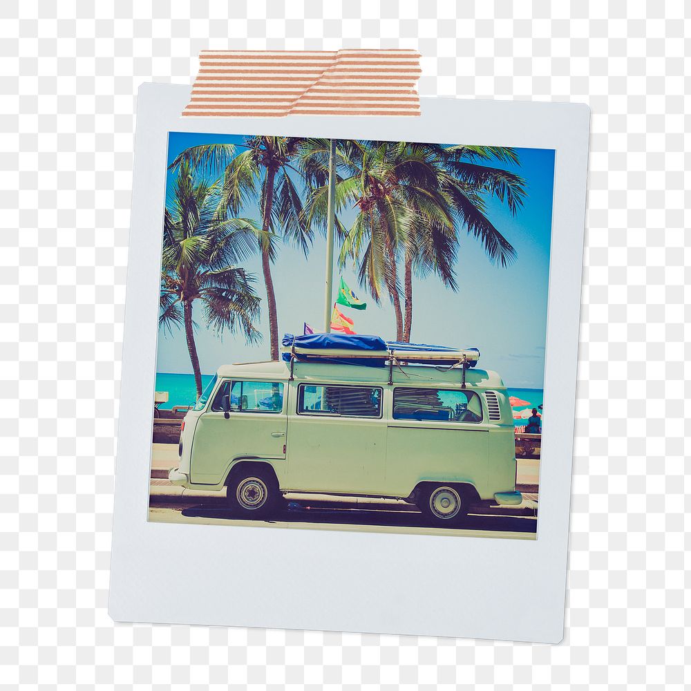 Summer road trip png sticker, travel minivan aesthetic instant photo on transparent background