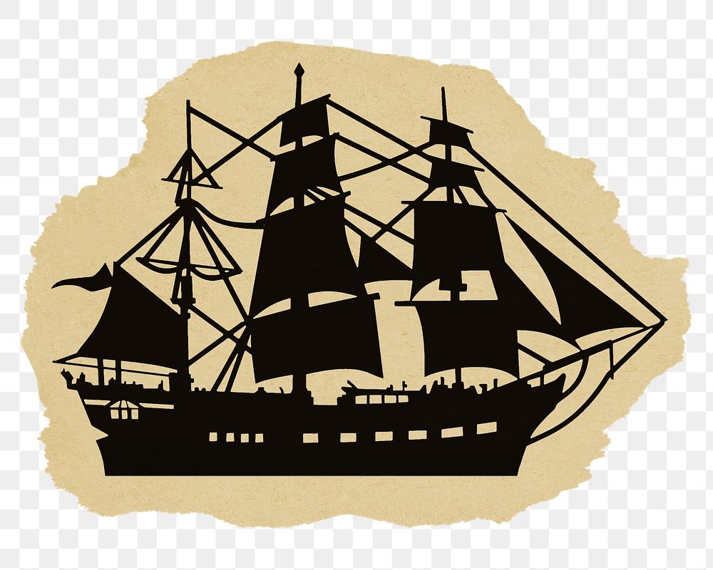 Ship silhouette png sticker, ripped paper, transparent background