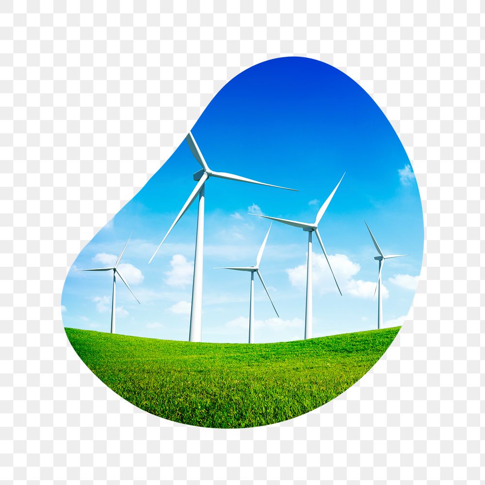 Wind farm png badge sticker, renewable energy, sustainable environment photo in blob shape, transparent background