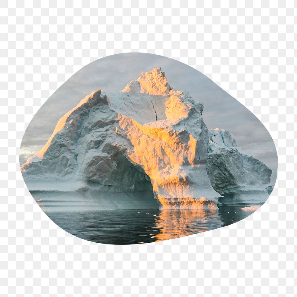 Melting iceberg png badge sticker, climate change photo in blob shape, transparent background