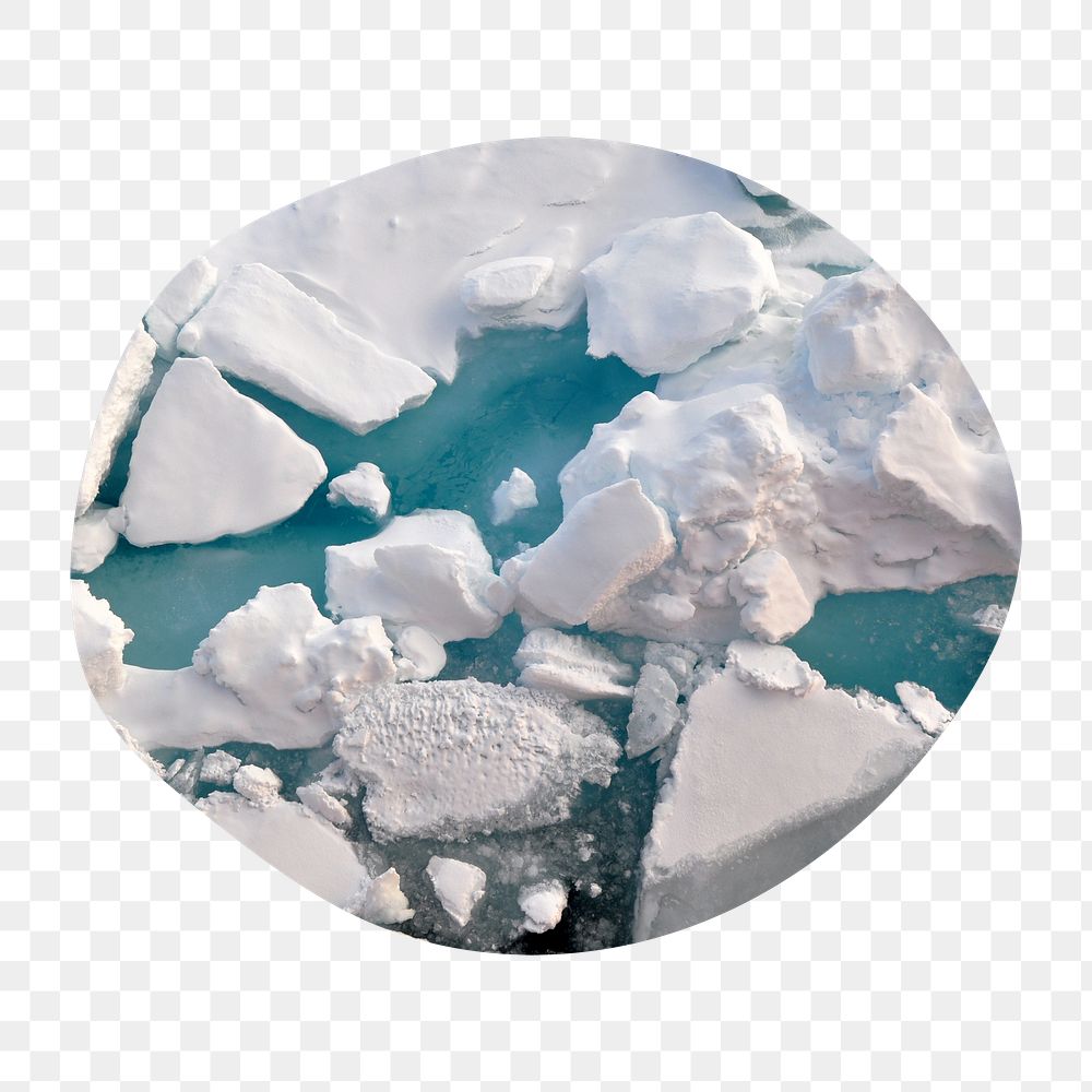 Melting ice png badge sticker, climate change photo in blob shape, transparent background