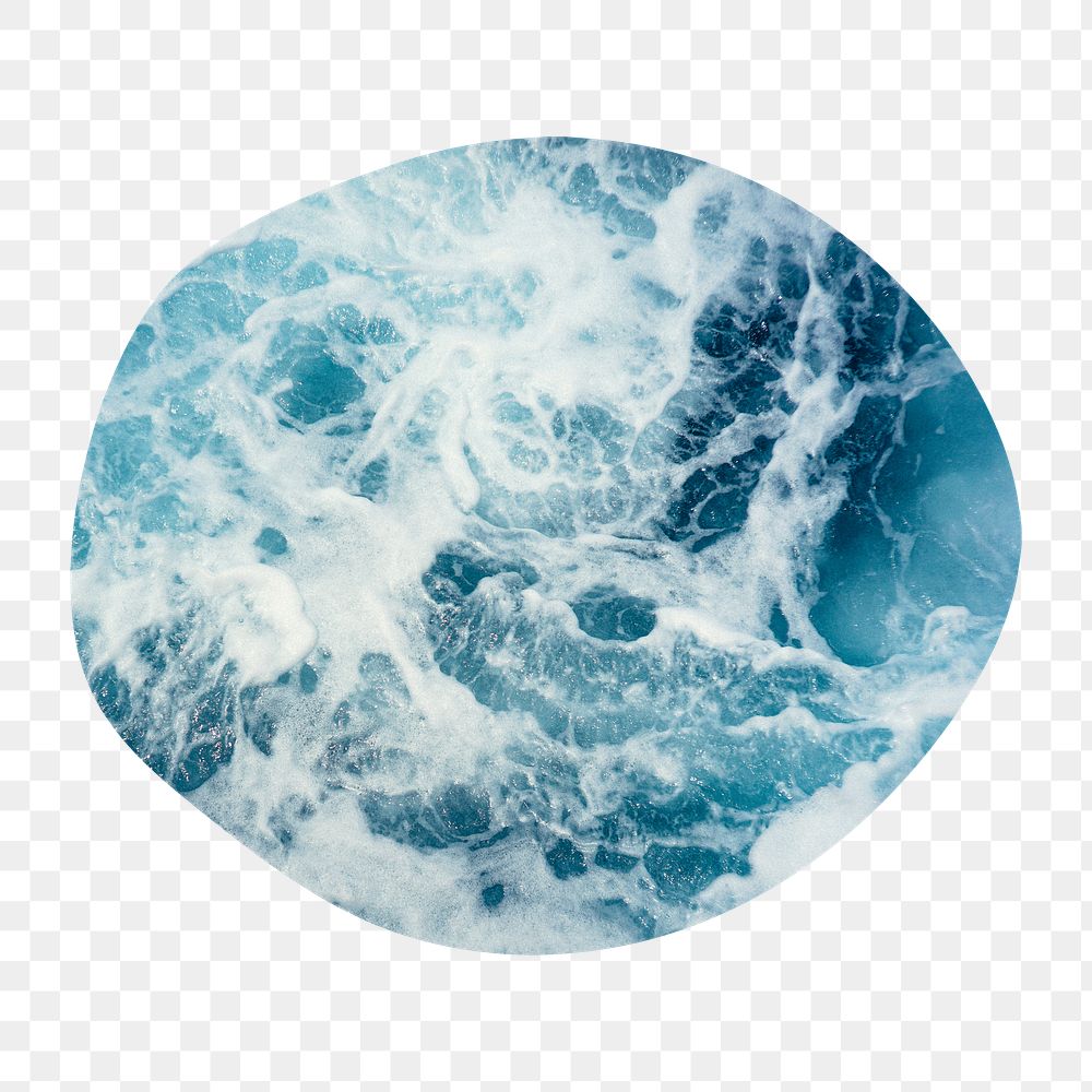 Ocean wave png badge sticker, environment photo in blob shape, transparent background