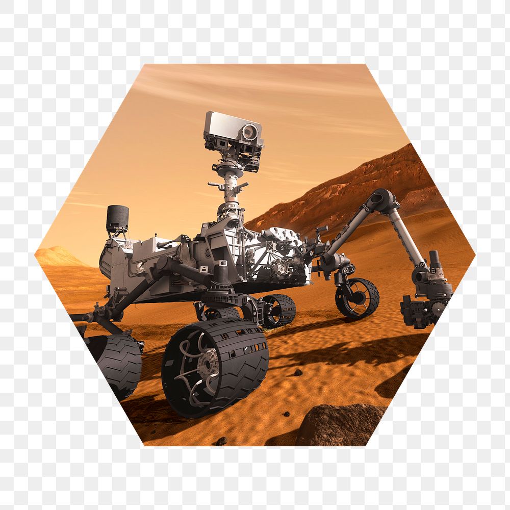 Curiosity rover png badge sticker, space exploration photo in hexagon shape, transparent background