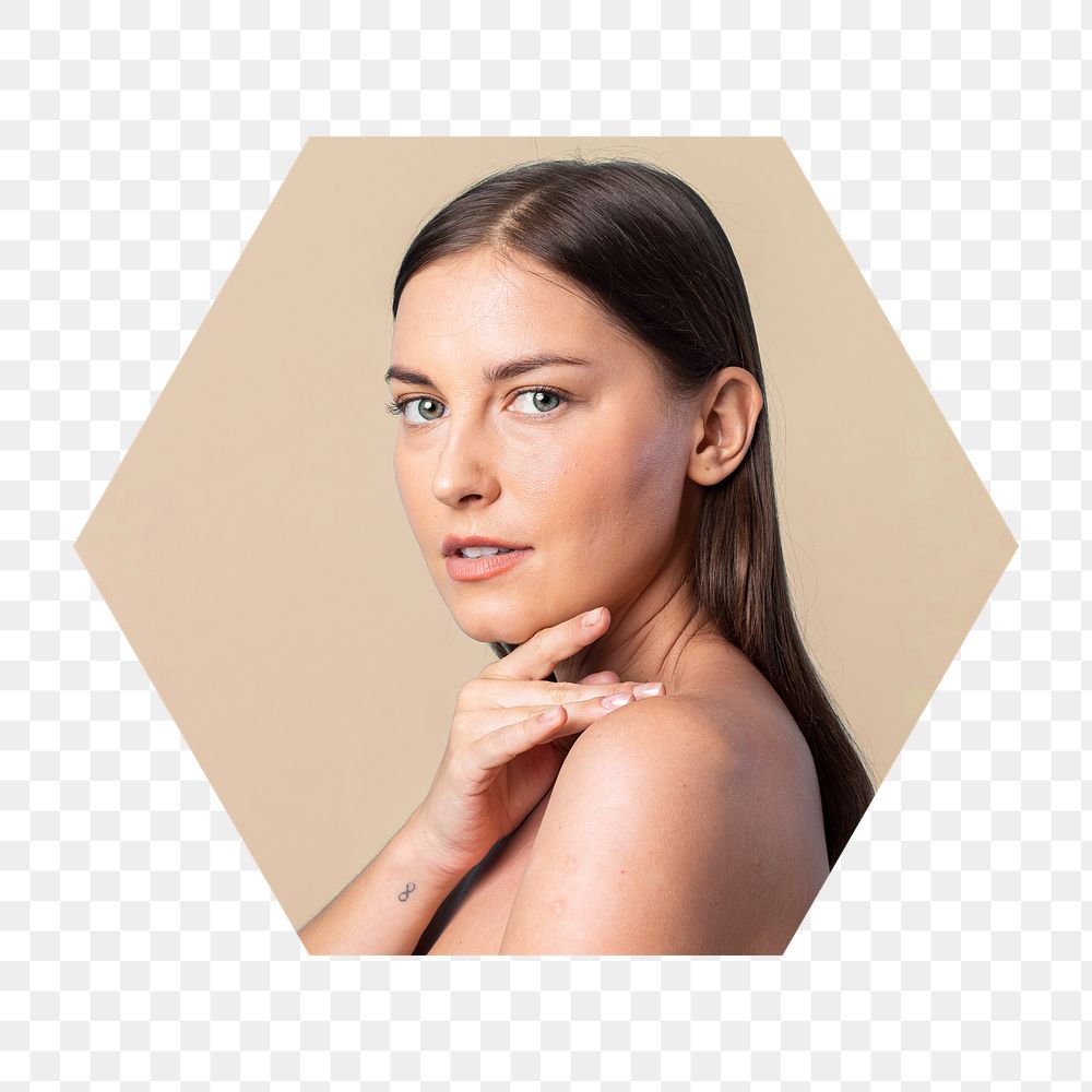 Brunette woman png portrait badge sticker, natural beauty photo in hexagon shape, transparent background