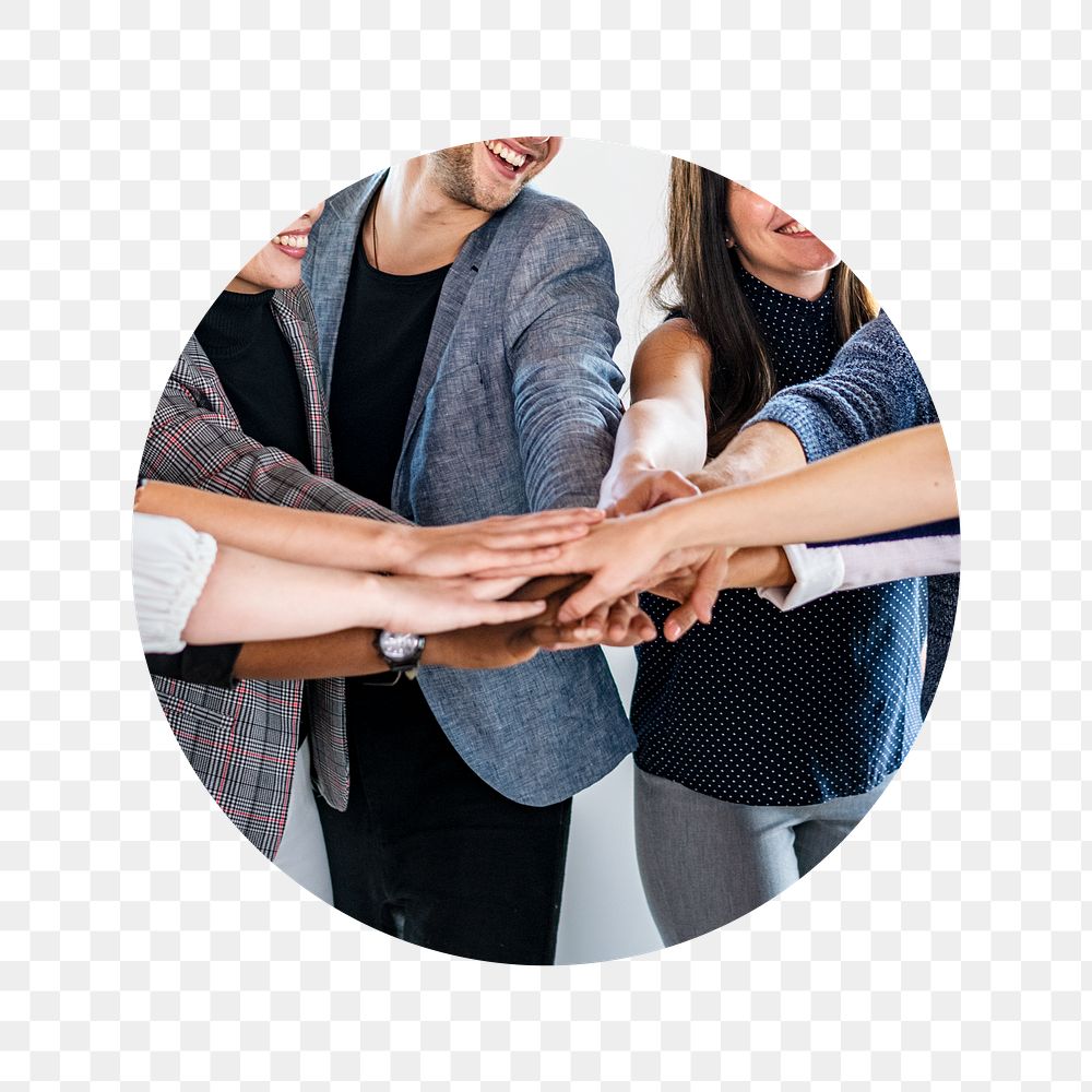 Teamwork, joined hands png badge sticker, business people photo, transparent background