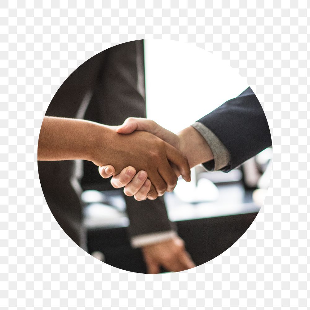 Business handshake png badge sticker, employment, hiring photo, transparent background