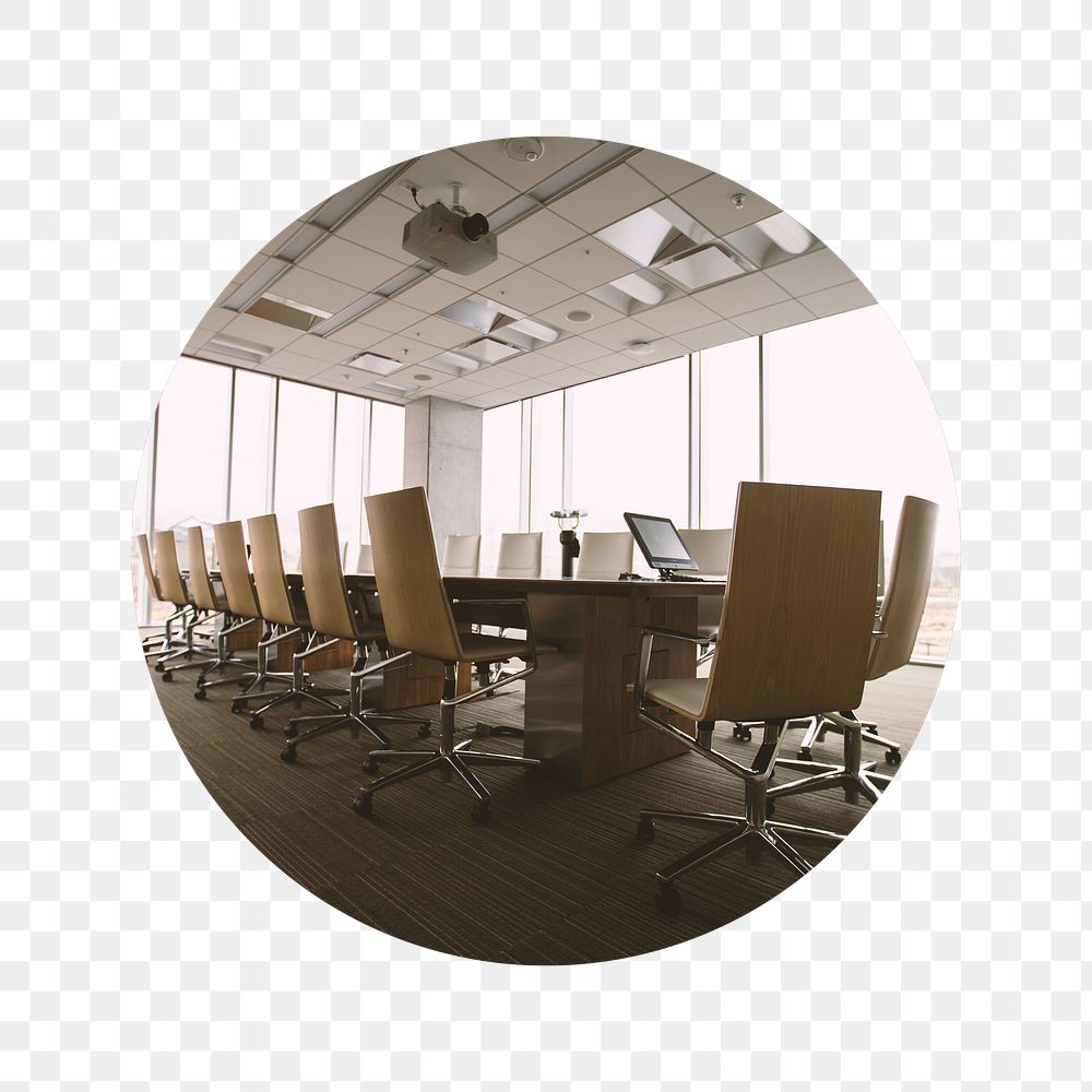 Business meeting room png badge sticker, office interior photo, transparent background